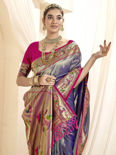 Attractive Purple Zari Weaving Silk Function Wear Paithani Saree